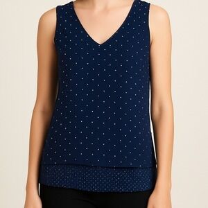 Skies Are Blue Navy White Polka Dot Sleeveless Split Back V Neck Top